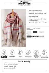 Detail of red and brown striped scarf showing tassels and 206x68cm size specifications