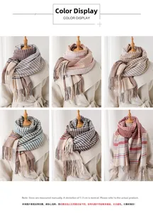 Detail view of multicolored striped scarves with soft fringe and elegant cashmere-like texture