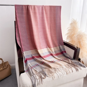 Close-up of soft cashmere-like scarf with color-block stripes and fine fringe details