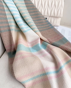 Detail of soft striped cashmere scarf with fringe near quilted leather bag
