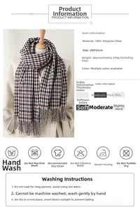 Detail view of red and black plaid scarf showing 200x65cm size and tassel design