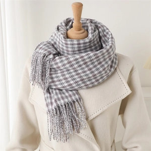 Classic plaid scarf with fringe in soft grey and pink tones for autumn and winter warmth