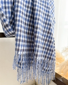 Close-up of blue and white plaid scarf featuring soft texture and long fringe details