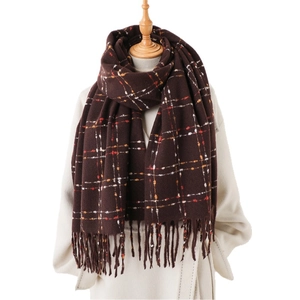Classic dark brown checkered scarf with fringe on mannequin for autumn and winter warmth