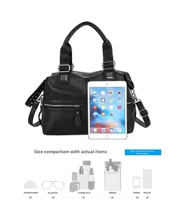 Large black pebbled leather tote size comparison with iPad showing interior storage capacity