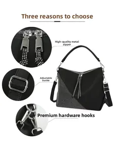 Detailed views of premium silver metal zippers, adjustable buckles and hardware on black bag