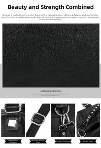 Detail of waterproof black leather material with silver hardware and adjustable strap