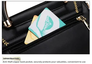 Detail einer schwarzen Lederhandtasche mit versteckter Anti-Diebstahl-Tasche am Rücken