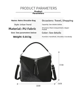 Detailed size parameters of black PU shoulder bag with rhinestones, 33cm x 15cm x 27cm