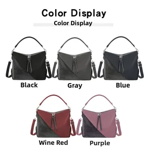 Detailed view of women's handbags in five colors featuring sequin and leather patchwork
