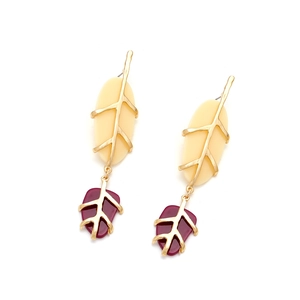 Elegant gold-tone leaf drop earrings with cream and burgundy resin inlays for women