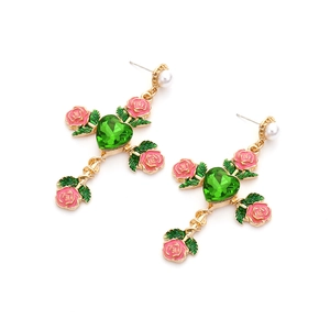 Cross earrings with pink enamel roses, green heart crystal and pearl in gold plating