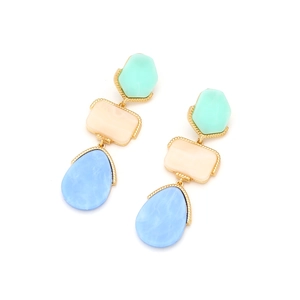 Three-tier geometric resin drop earrings with mint, orange, and blue marbled acrylic