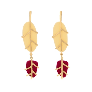 Minimalist leaf earrings with yellow resin and burgundy resin in matte gold finish