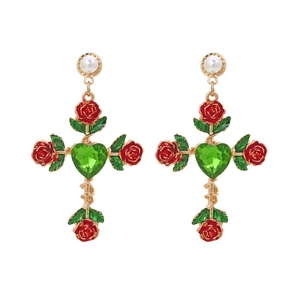 Golden cross earrings with red roses, green heart crystal and white pearl details