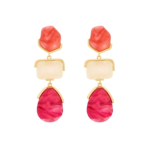 Three-layer geometric drop earrings with pink, cream, and magenta resin stones in gold