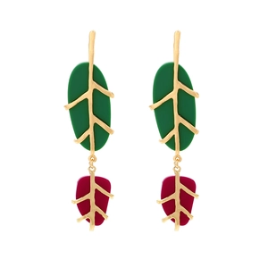 Minimalist alloy leaf earrings with green and magenta resin pendants on a gold branch