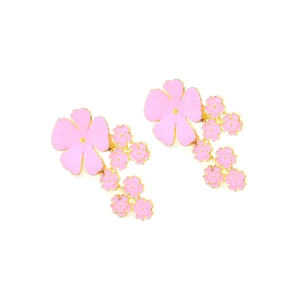 Boucles d'oreilles pendantes fleurs de cerisier en émail rose et métal doré