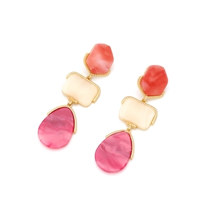 Bohemian geometric acetate drop earrings with multicolored resin shapes and gold metal trim
