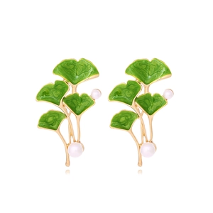 Ginkgo leaf drop earrings with green enamel and white pearls in gold finish