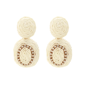 Bohemian rattan oval drop earrings with sparkling rhinestones and cream raffia weave