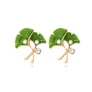 Ginkgo Leaf Stud Earrings With Green Enamel Alloy Foliage Faux Artificial Pearl Rhinestone And Silver Earring Post Elegant Women Jewelry