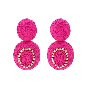 Bohemian hot pink hand-woven raffia earrings with sparkling rhinestone accents