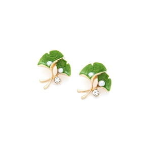 Golden ginkgo leaf stud earrings with green enamel and elegant white pearls for women