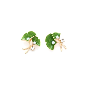 Ginkgo leaf stud earrings with green enamel, white pearls and sparkling crystals