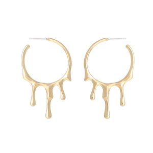 Minimalist golden liquid metal hoop earrings in a modern irregular water drop design