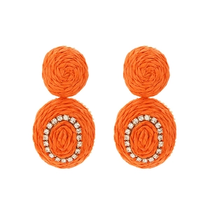 Bohemian orange raffia drop earrings with sparkling rhinestone geometric details