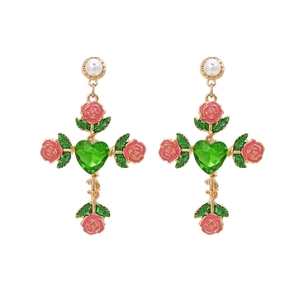 Cross Drop Earrings With Pink Enamel Rose And Green Heart Crystal White Faux Artificial Pearl Alloy Jewelry For Women