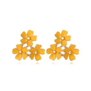 Detail view of pink enamel flower earrings with rose gold plating and three-blossom design