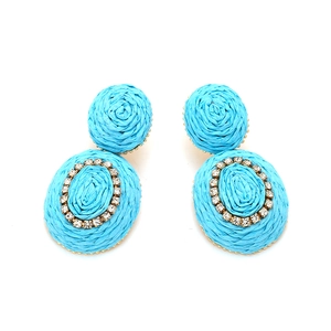 Sky blue bohemian woven raffia oval earrings with glittering rhinestone accents for women