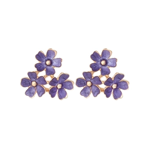 Elegant purple enamel flower stud earrings with gold accents in a floral cluster design