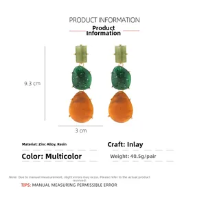 Detailed view of layered geometric resin drop earrings in green and amber tones