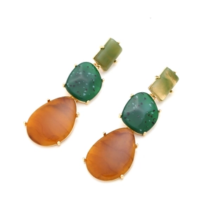 Three-tier geometric resin drop earrings with green and amber stones in gold settings