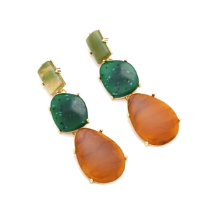 Three-tier geometric resin drop earrings with green and amber translucent stones