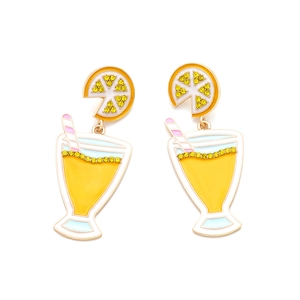 Exaggerated cocktail glass earrings with lemon slices and colorful rhinestones