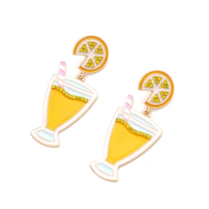 Vibrant yellow alloy lemon cocktail glass earrings with crystal studs and summer vibe