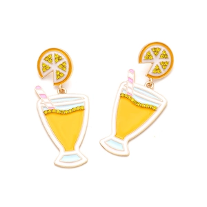 Tropical lemon cocktail earrings with yellow crystals and colorful drip oil finish