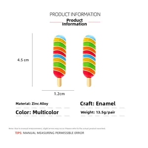 Detail view of colorful rainbow popsicle earrings with zinc alloy enamel and dimensions