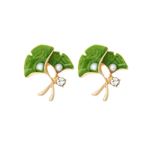 Ginkgo leaf stud earrings with green enamel, faux pearls and rhinestones on gold alloy