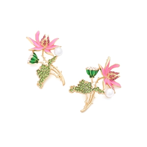 Elegant lotus flower earrings with pink enamel, green crystals and a white pearl