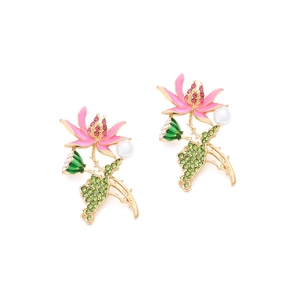 Elegant lotus flower earrings with pink enamel petals, green crystals and pearls