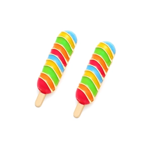 Detail of colorful enamel popsicle earrings with vibrant rainbow stripes and golden base