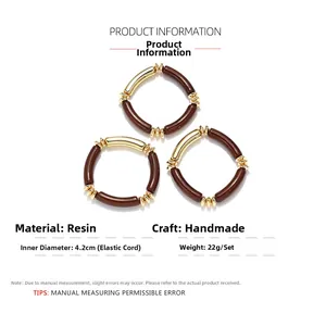 Detailed specs of 3-piece handmade resin beaded bracelet set with elastic cord