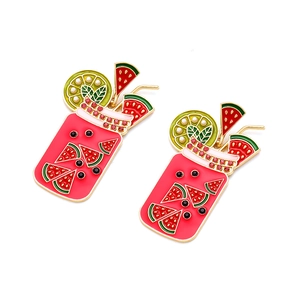Watermelon juice cup earrings with colorful rhinestones and enamel on gold alloy