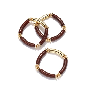 Three-piece acrylic resin and gold metal tube beaded elastic bracelet set for women