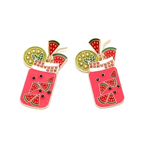 Summer fruit juice cup earrings with colorful rhinestones and pink watermelon enamel design